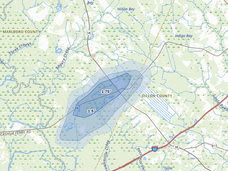 NEXRAD radar-signature map of the hail storm over Blenheim, SC on Jul 10, 2026
