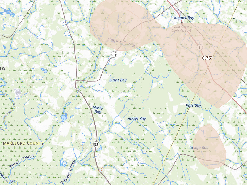 Radar-estimated hail-size map of the storm over Blenheim, SC on Aug 11, 2026
