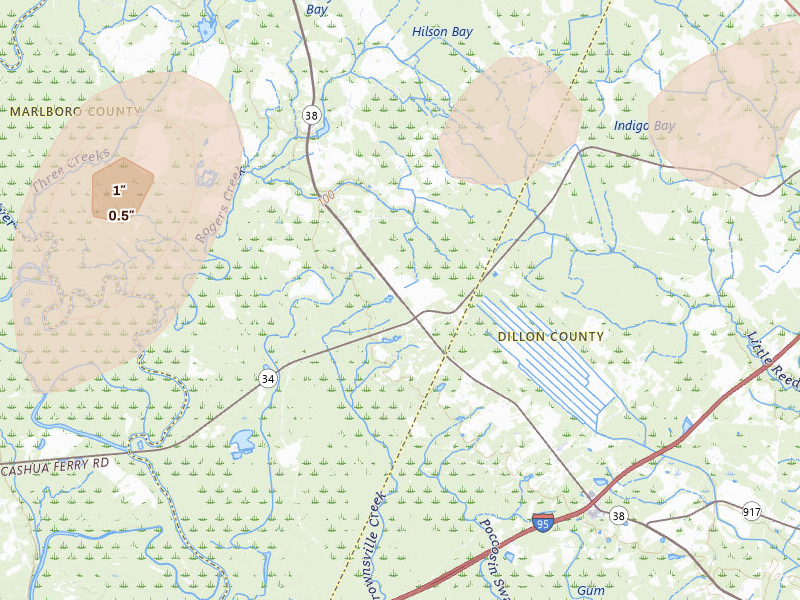 Radar-estimated hail-size map of the storm over Blenheim, SC on Aug 21, 2026