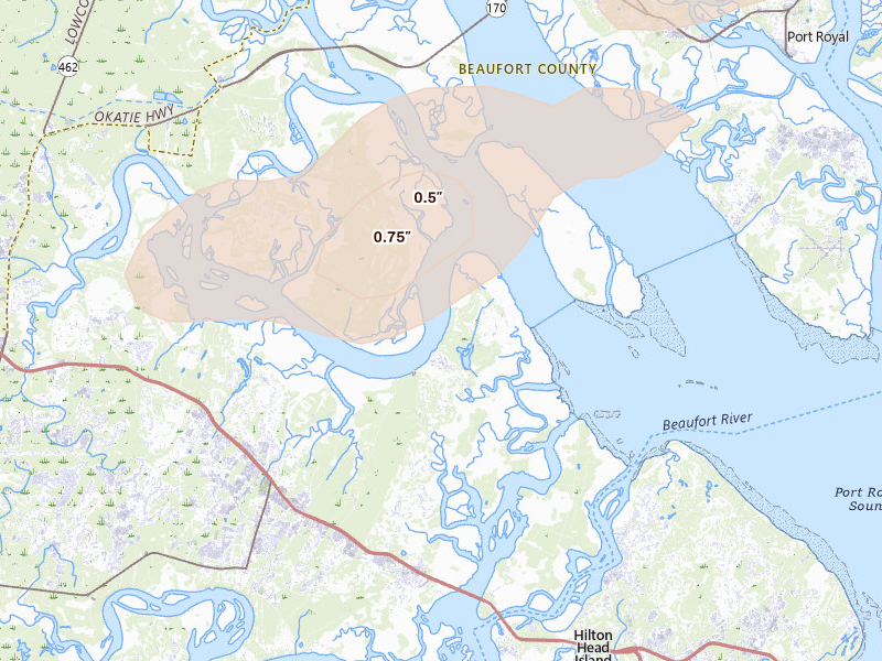 Radar-estimated hail-size map of the storm over Bluffton, SC on Jul 9, 2026