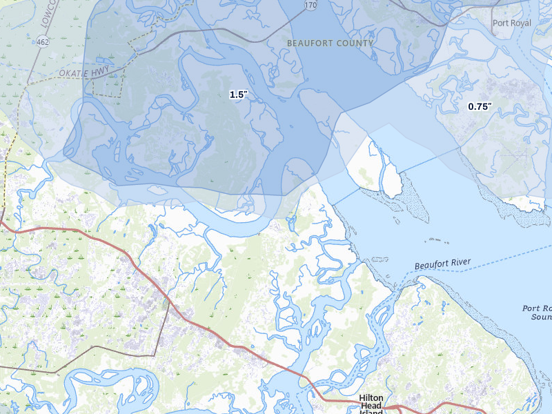 NEXRAD radar-signature map of the hail storm over Bluffton, SC on Jul 9, 2026