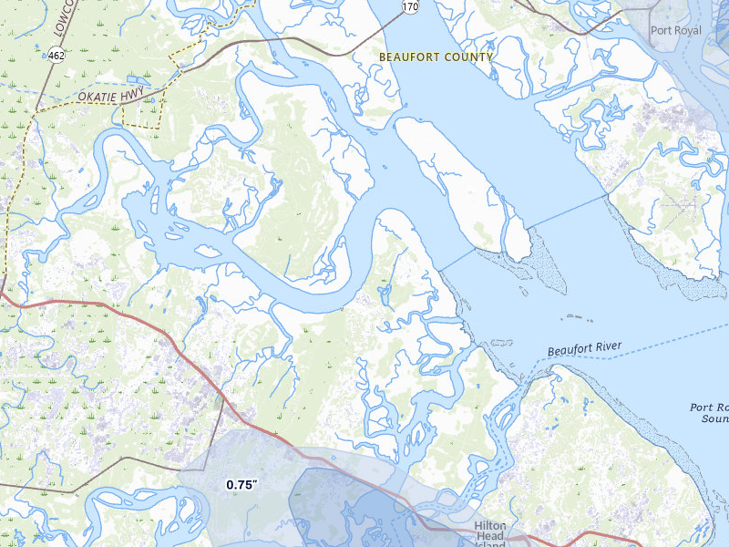 NEXRAD radar-signature map of the hail storm over Bluffton, SC on Jul 12, 2026