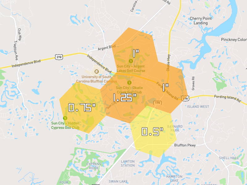 Hail map of Bluffton, SC on Jul 24, 2026, hail up to 1.25"