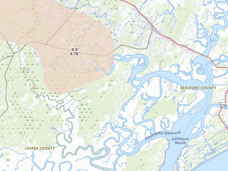 Radar-estimated hail-size map of the storm over Bluffton, SC on Aug 11, 2026