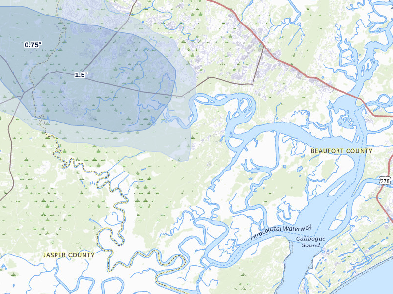 NEXRAD radar-signature map of the hail storm over Bluffton, SC on Aug 11, 2026