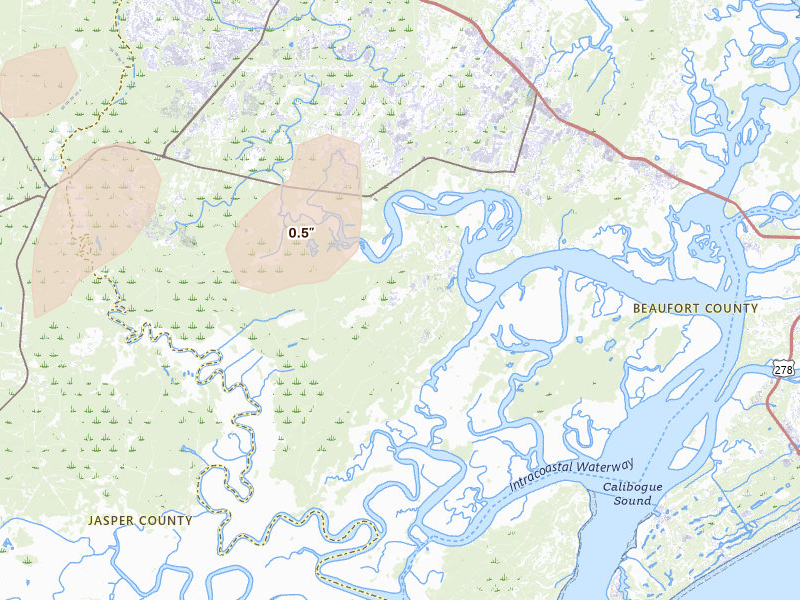 Radar-estimated hail-size map of the storm over Bluffton, SC on Aug 22, 2026