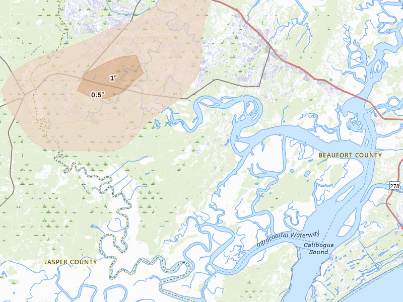 Radar-estimated hail-size map of the storm over Bluffton, SC on Aug 25, 2026