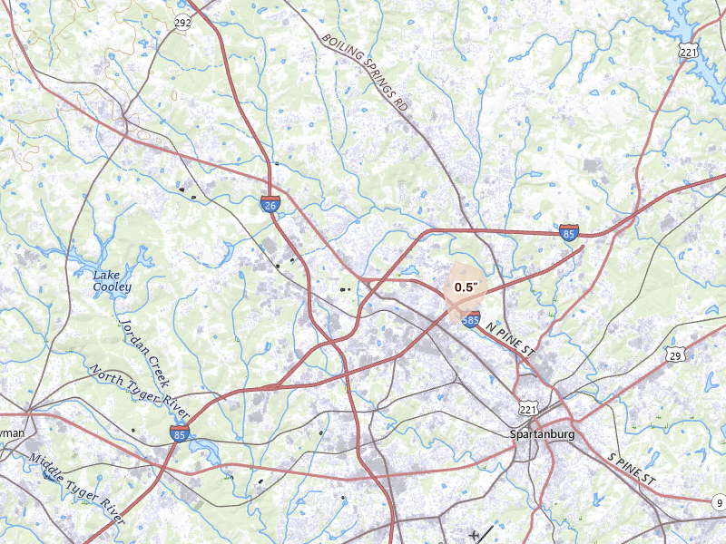Radar-estimated hail-size map of the storm over Boiling Springs, SC on Aug 14, 2026