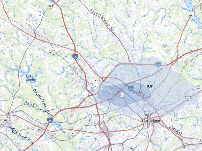 NEXRAD radar-signature map of the hail storm over Boiling Springs, SC on Aug 14, 2026