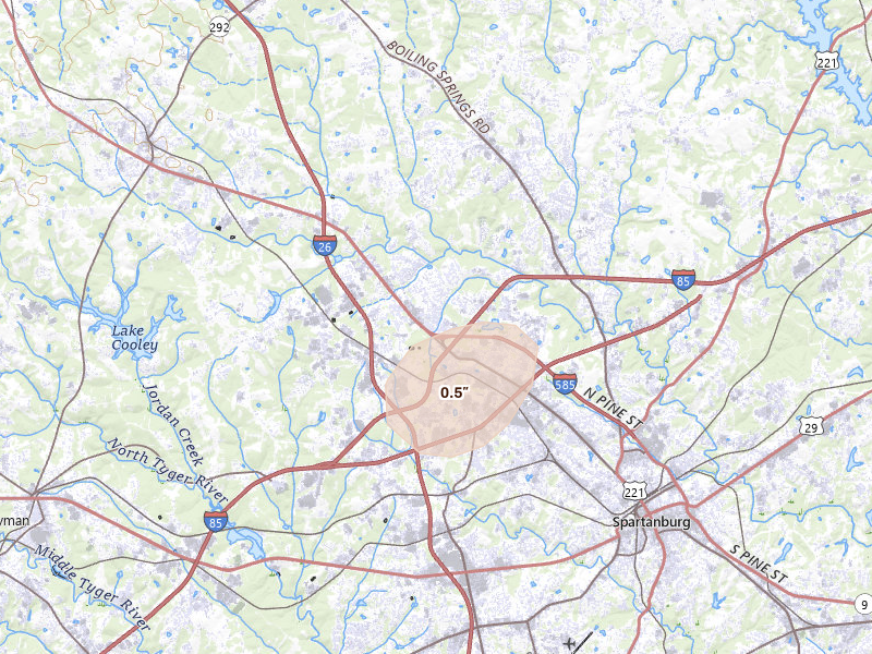 Radar-estimated hail-size map of the storm over Boiling Springs, SC