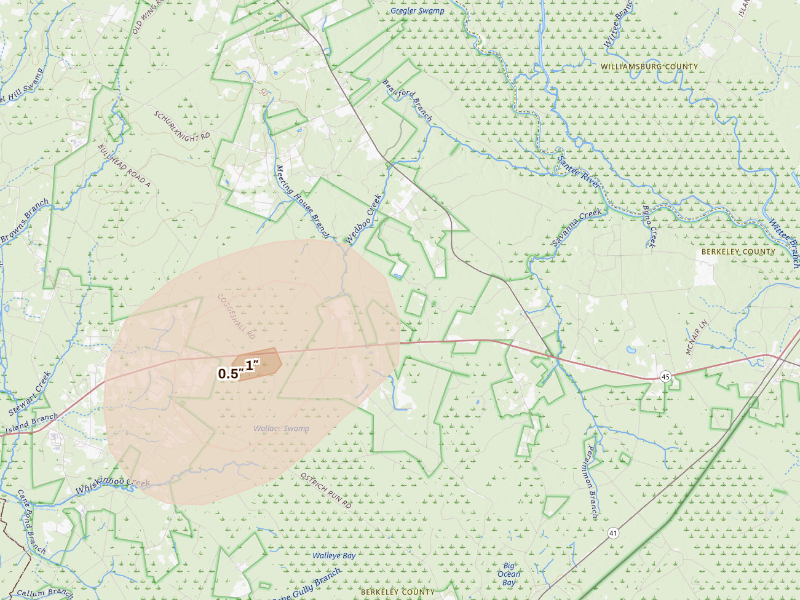 Radar-estimated hail-size map of the storm over Bonneau, SC