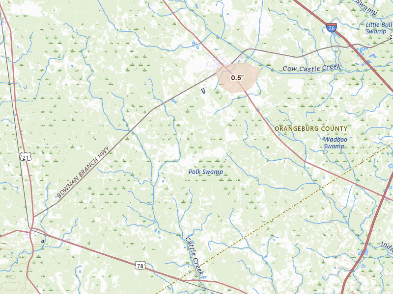 Radar-estimated hail-size map of the storm over Bowman, SC on Jun 12, 2026