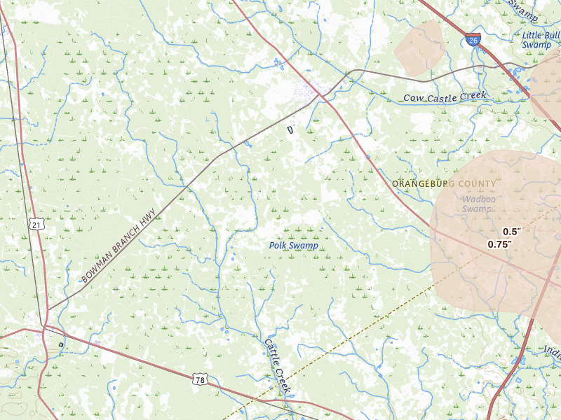 Radar-estimated hail-size map of the storm over Bowman, SC on Jul 6, 2026