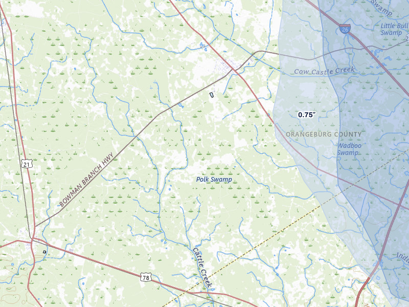 NEXRAD radar-signature map of the hail storm over Bowman, SC on Jul 6, 2026