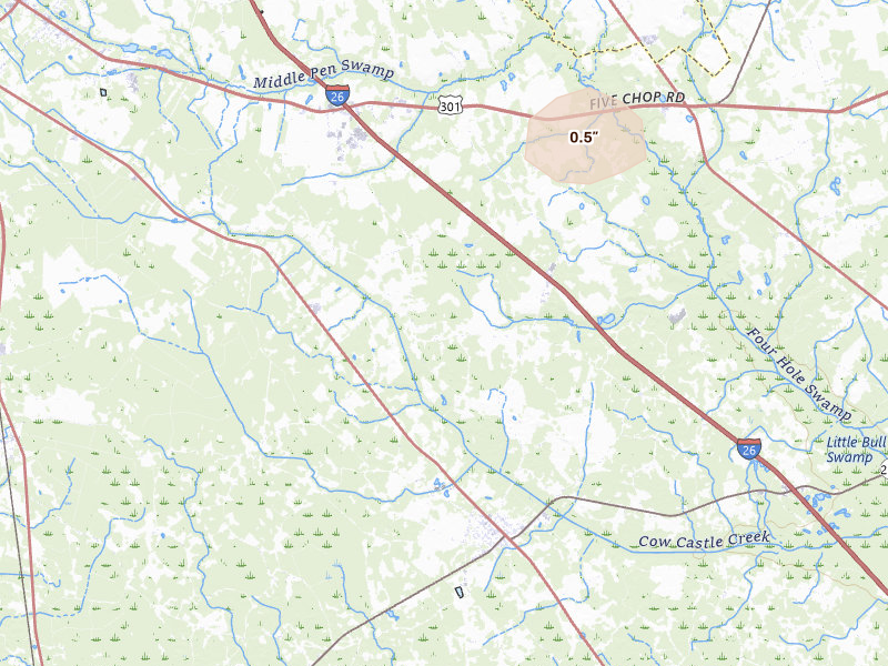 Radar-estimated hail-size map of the storm over Bowman, SC on Jul 11, 2026