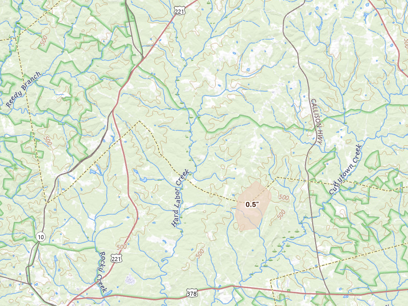 Radar-estimated hail-size map of the storm over Bradley, SC on May 22, 2026