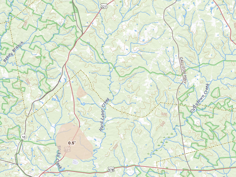 Radar-estimated hail-size map of the storm over Bradley, SC on Aug 6, 2026