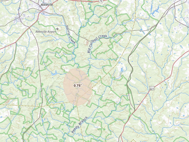 Radar-estimated hail-size map of the storm over Bradley, SC on Aug 13, 2026