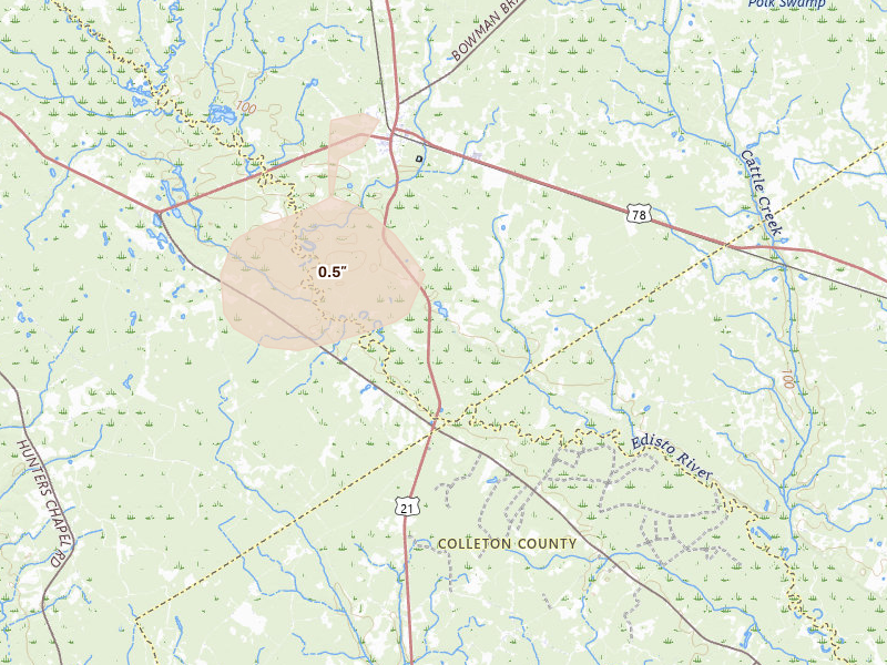 Radar-estimated hail-size map of the storm over Branchville, SC on Jun 26, 2026