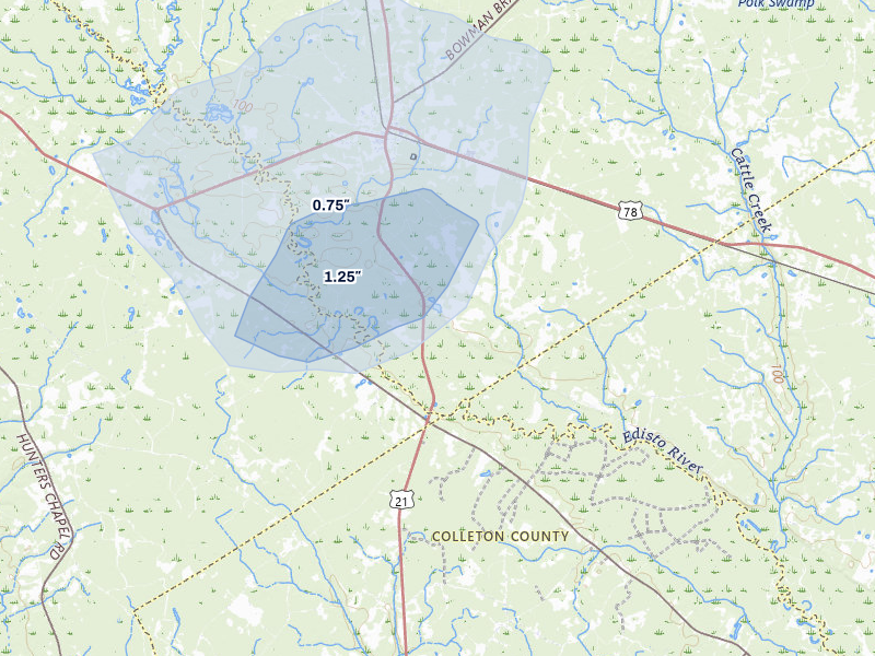 NEXRAD radar-signature map of the hail storm over Branchville, SC on Jun 26, 2026