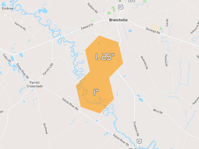 Hail map of Branchville, SC on Jun 26, 2026, hail up to 1.25"