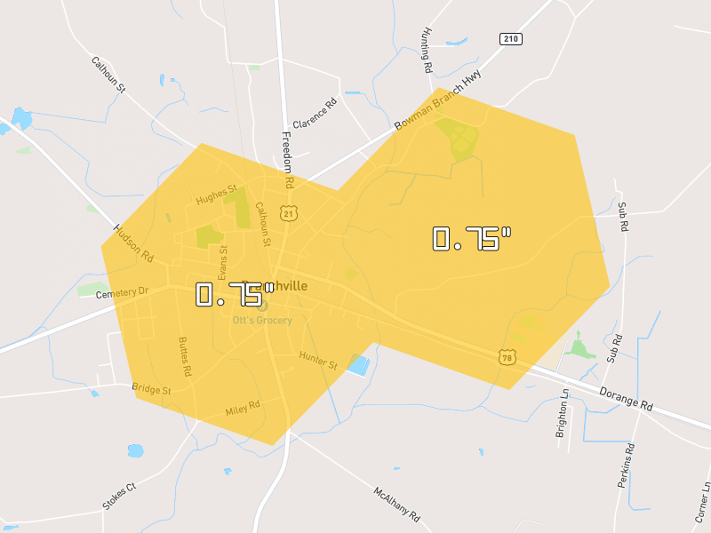 Hail map of Branchville, SC on Jun 27, 2026, hail up to 0.75"