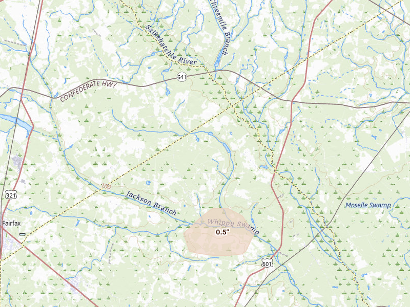 Radar-estimated hail-size map of the storm over Brunson, SC on Aug 22, 2026