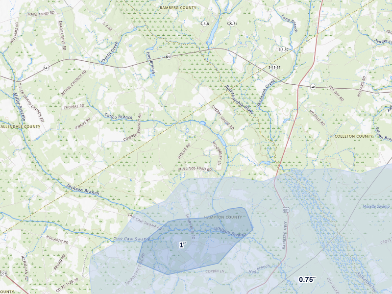 NEXRAD radar-signature map of the hail storm over Brunson, SC on Aug 22, 2026