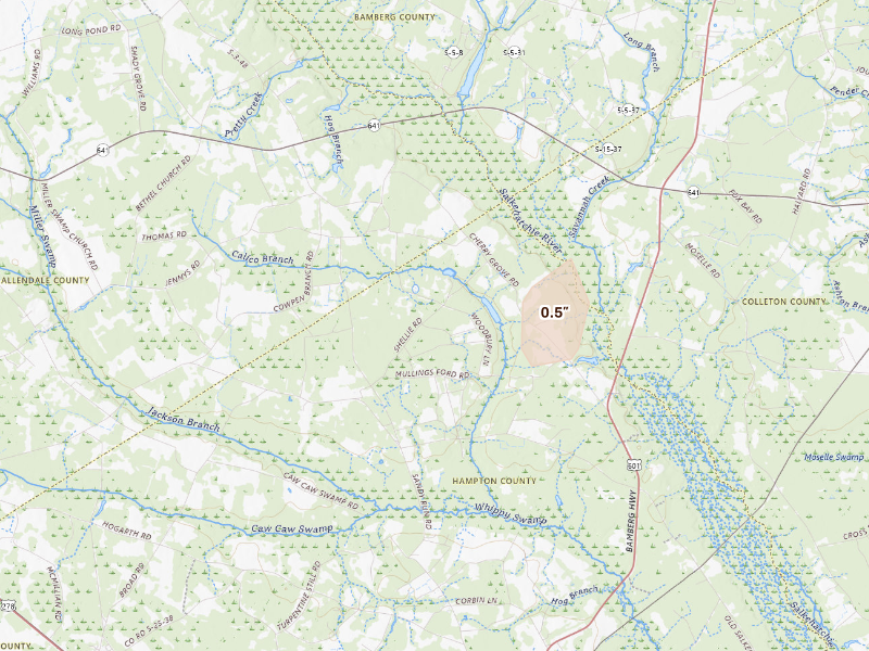 Radar-estimated hail-size map of the storm over Brunson, SC