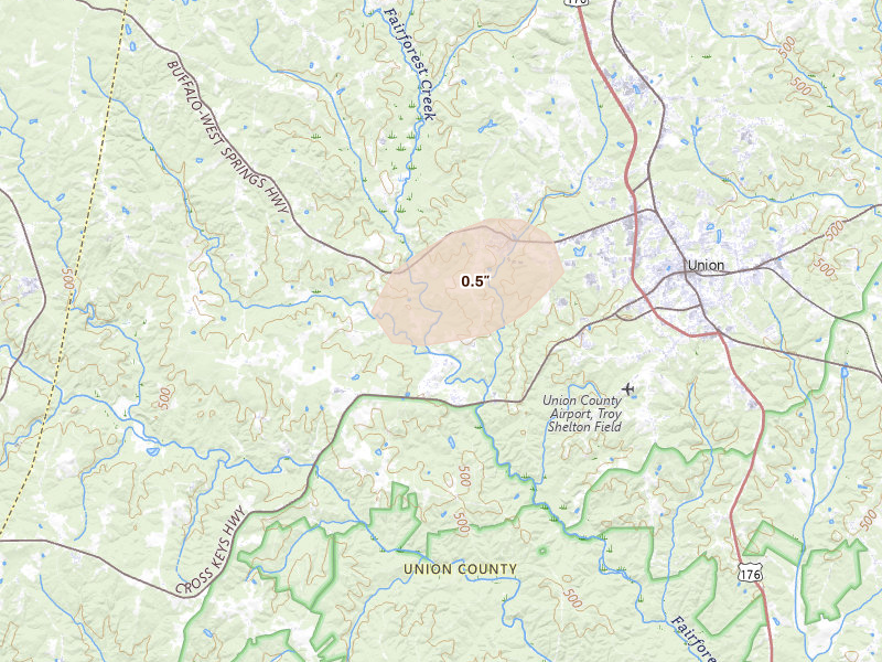Radar-estimated hail-size map of the storm over Buffalo, SC on Jun 27, 2026