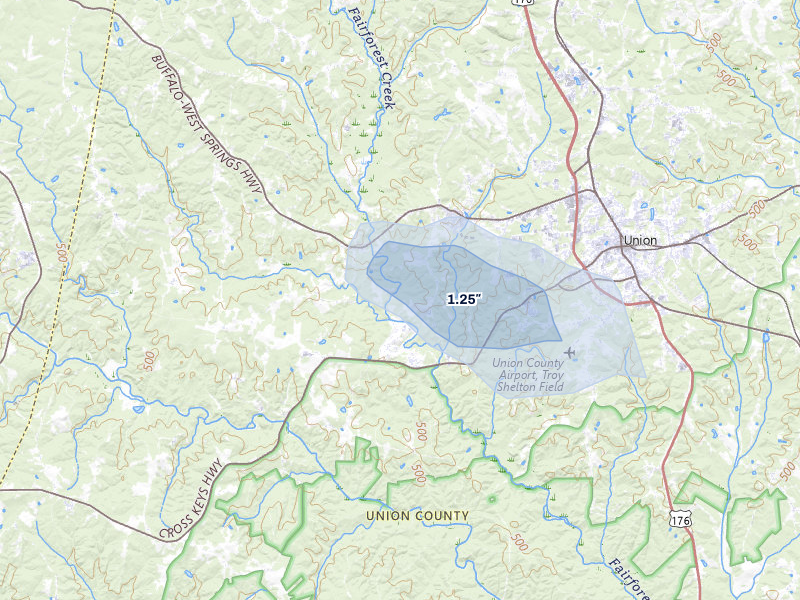 NEXRAD radar-signature map of the hail storm over Buffalo, SC on Jun 27, 2026