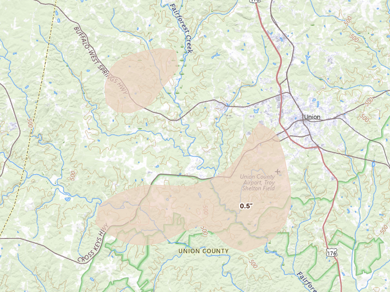 Radar-estimated hail-size map of the storm over Buffalo, SC on Aug 11, 2026