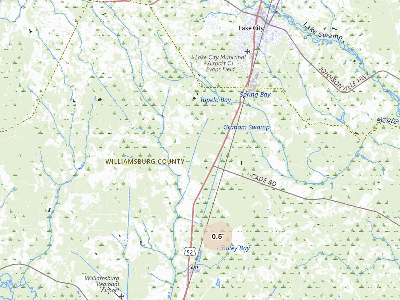 Radar-estimated hail-size map of the storm over Cades, SC on Jul 10, 2026