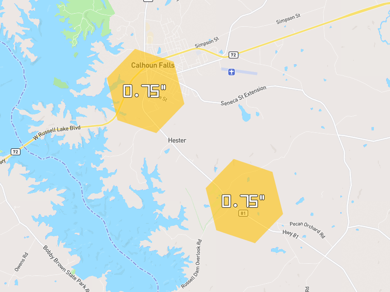 Hail map of Calhoun Falls, SC on Jun 27, 2026, hail up to 0.75"