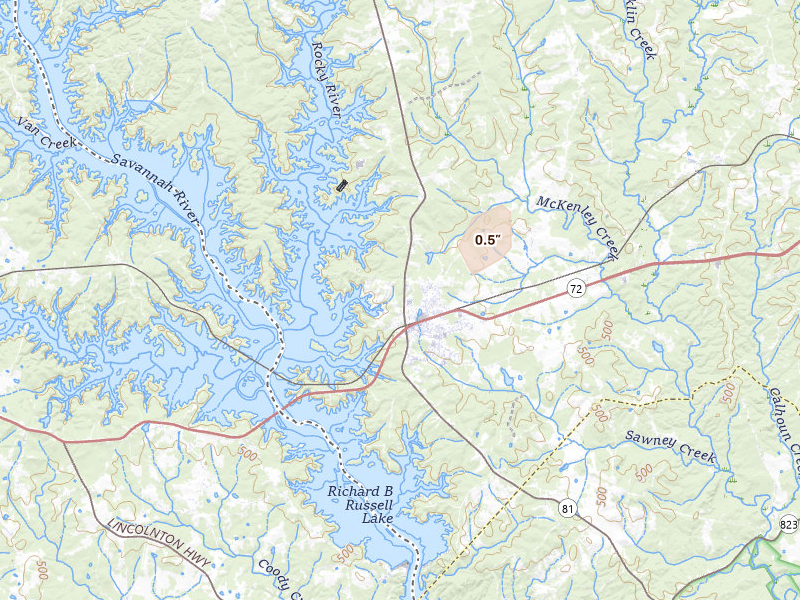 Radar-estimated hail-size map of the storm over Calhoun Falls, SC on Jun 29, 2026