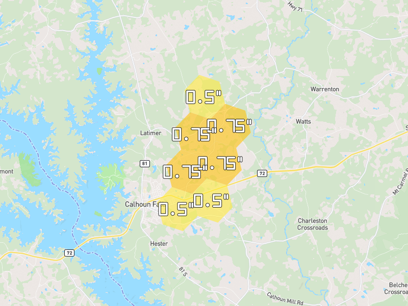 Hail map of Calhoun Falls, SC on Jun 29, 2026, hail up to 0.75"