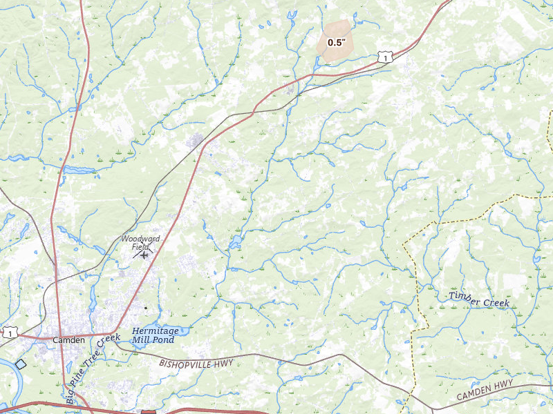 Radar-estimated hail-size map of the storm over Camden, SC on Jul 5, 2026