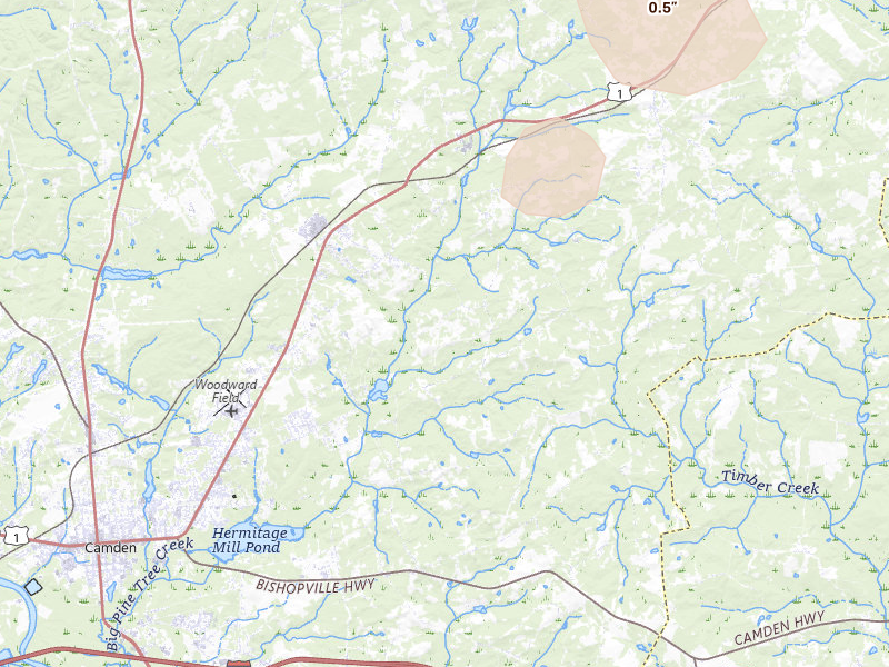 Radar-estimated hail-size map of the storm over Camden, SC on Jul 12, 2026