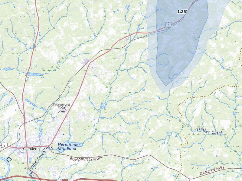 NEXRAD radar-signature map of the hail storm over Camden, SC on Jul 12, 2026