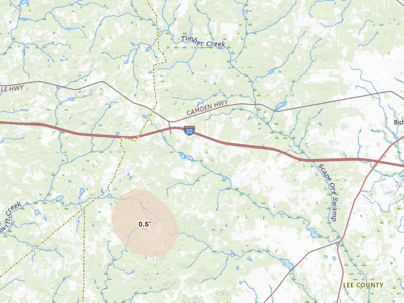 Radar-estimated hail-size map of the storm over Camden, SC