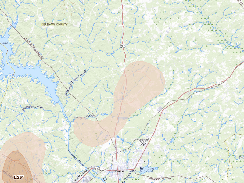 Radar-estimated hail-size map of the storm over Camden, SC