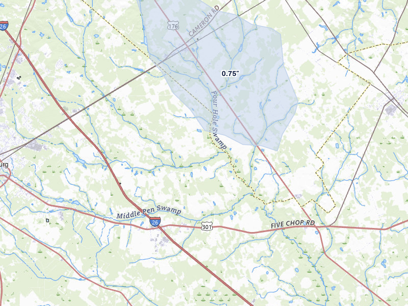 NEXRAD radar-signature map of the hail storm over Cameron, SC on Jul 5, 2026