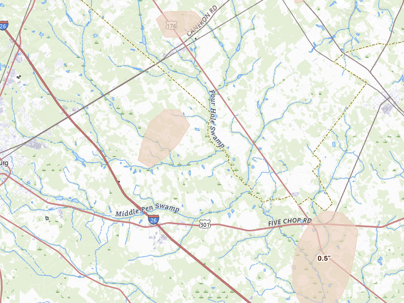 Radar-estimated hail-size map of the storm over Cameron, SC on Jul 6, 2026