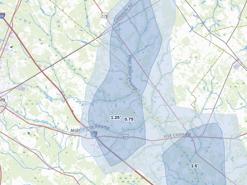 NEXRAD radar-signature map of the hail storm over Cameron, SC on Jul 6, 2026