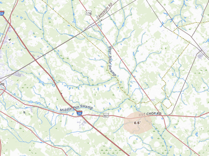 Radar-estimated hail-size map of the storm over Cameron, SC on Jul 11, 2026