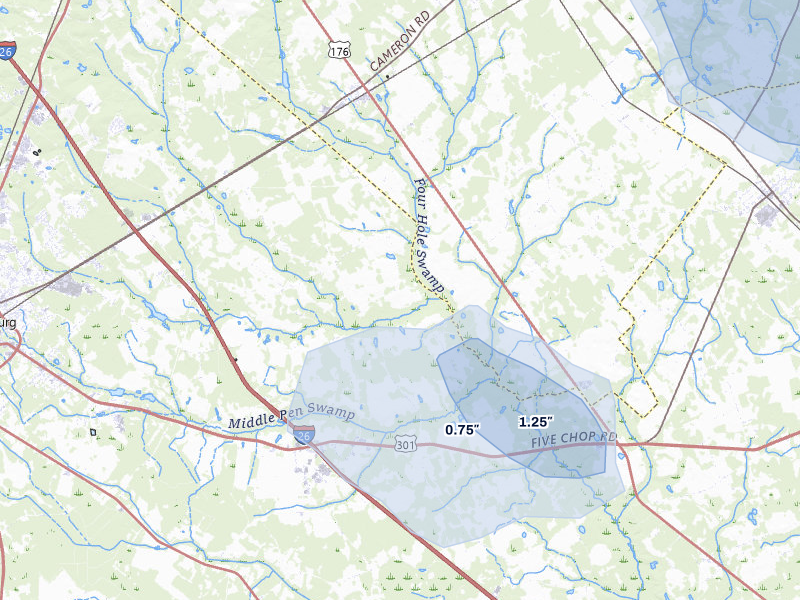 NEXRAD radar-signature map of the hail storm over Cameron, SC on Jul 11, 2026