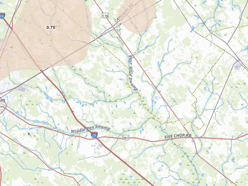 Radar-estimated hail-size map of the storm over Cameron, SC on Jul 12, 2026
