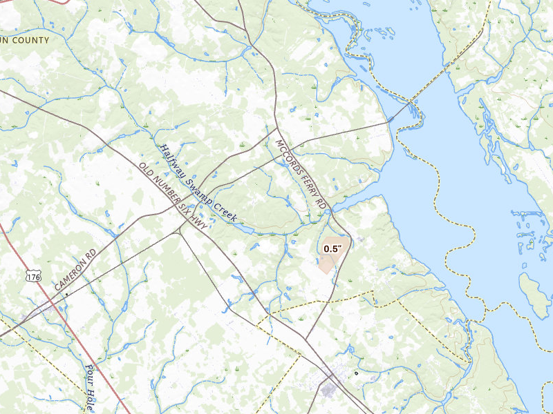 Radar-estimated hail-size map of the storm over Cameron, SC on Aug 20, 2026