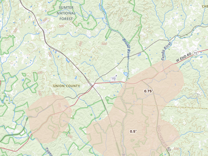 Radar-estimated hail-size map of the storm over Carlisle, SC on Aug 21, 2026