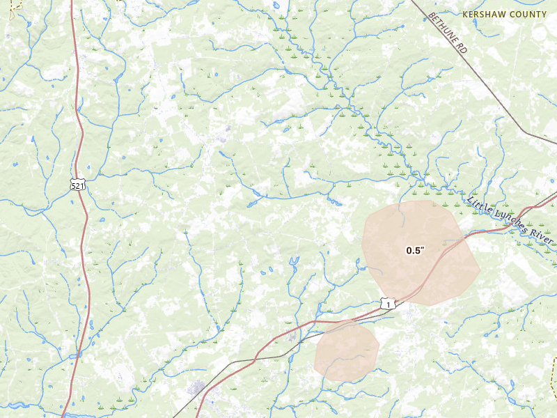 Radar-estimated hail-size map of the storm over Cassatt, SC on Jul 12, 2026